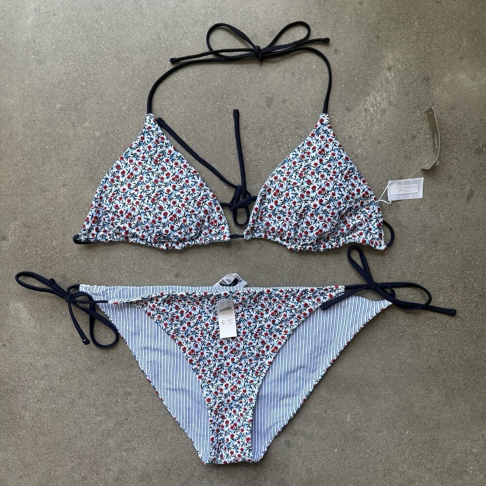 J.Crew Floral Reversible String Bikini Set blue striped Swimwear XL XXL NWT